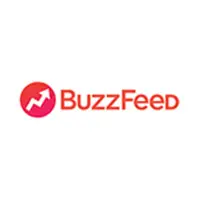 A red and white logo of buzzfeed.