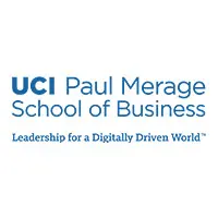 A blue and white logo of the university of california, paul merage school of business.